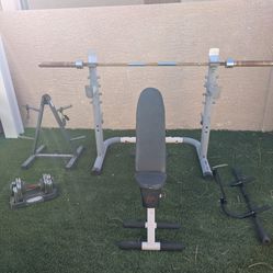 🏋️ Compact Home Gym – Rack + Bench + Barbell + Dumbbells + Accessories