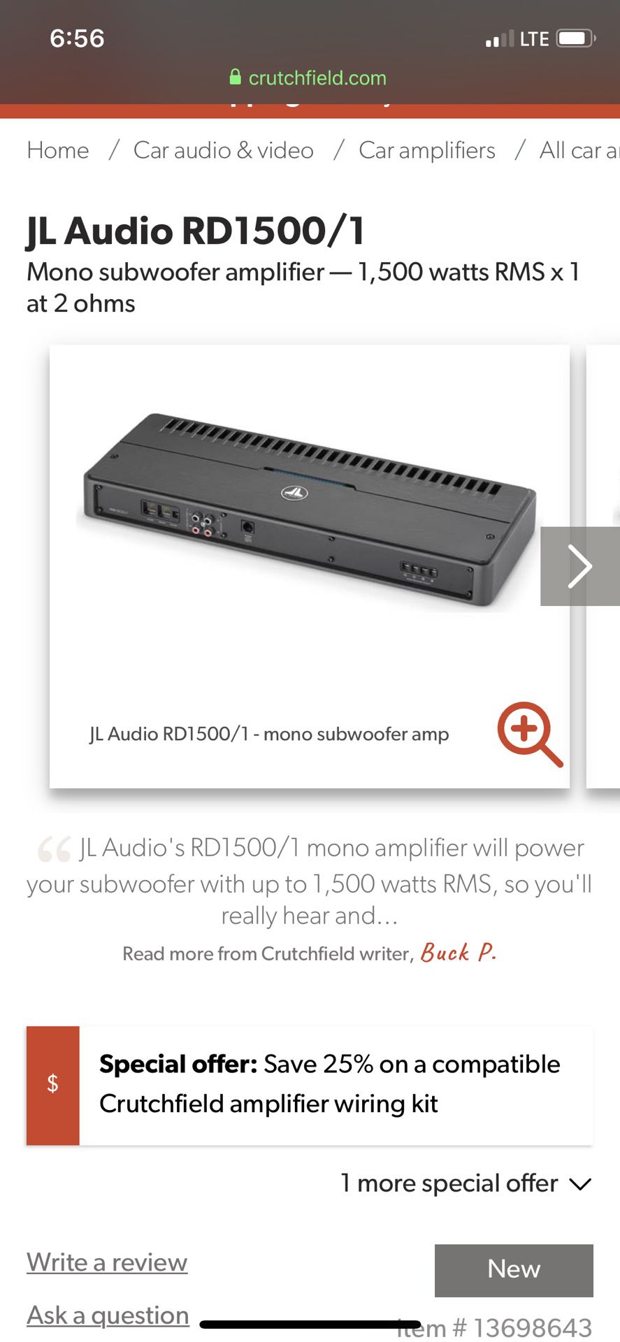 JL Audio RD1500/1 Mono subwoofer amplifier — 1,500 watts RMS x 1 at 2 ohms  at Crutchfield