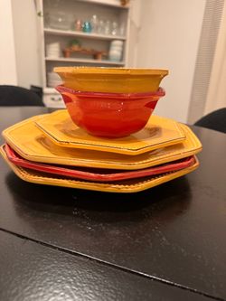 Terre e Provence French stoneware lot 6 pieces octagonal mustard red