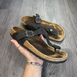 Birkenstock Gizeh Birko Flor Sandals Size 37 Womens 6 Brown Leather Thong