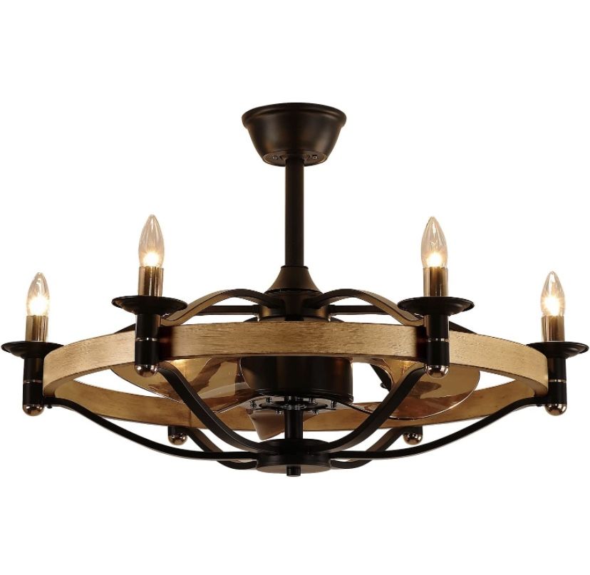 MADSHNE Ceiling Fans with Lights Remote Control, 32'' Caged Ceiling Fan with Lights,Black Modern Farmhouse Ceiling Fan Light for Living Room, Bladeles