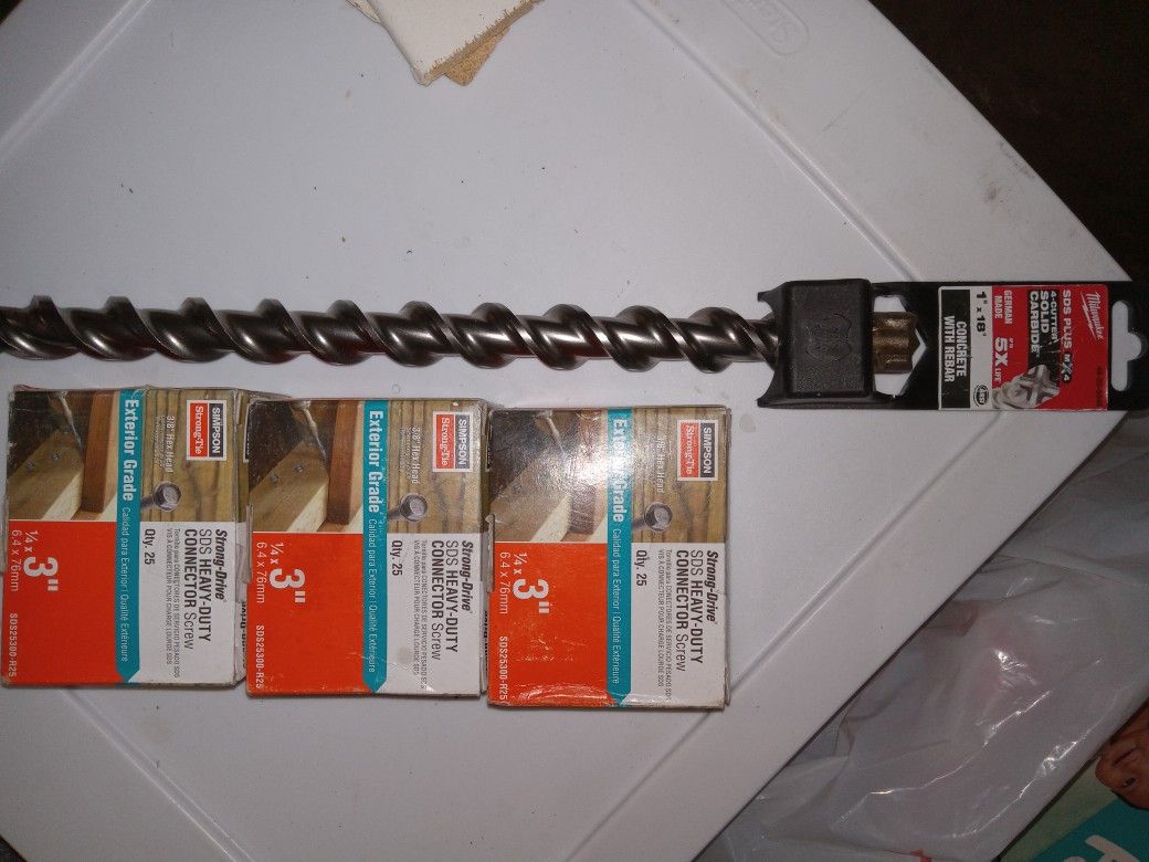 Sds 1"×18" Concrete With Rebar Bit And 3 Boxes Of 3" Construction Bolts With 3/8 Head Size