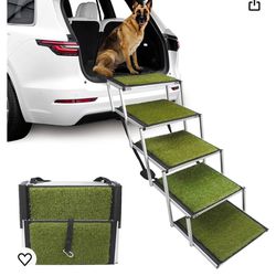 Maxpama Extra Wide Grass Aluminum Folding Dog Ramp for Large Dogs Portable Dog Car Step Dog Stair with Nonslip Surface Foldable Pet Stair for High Bed