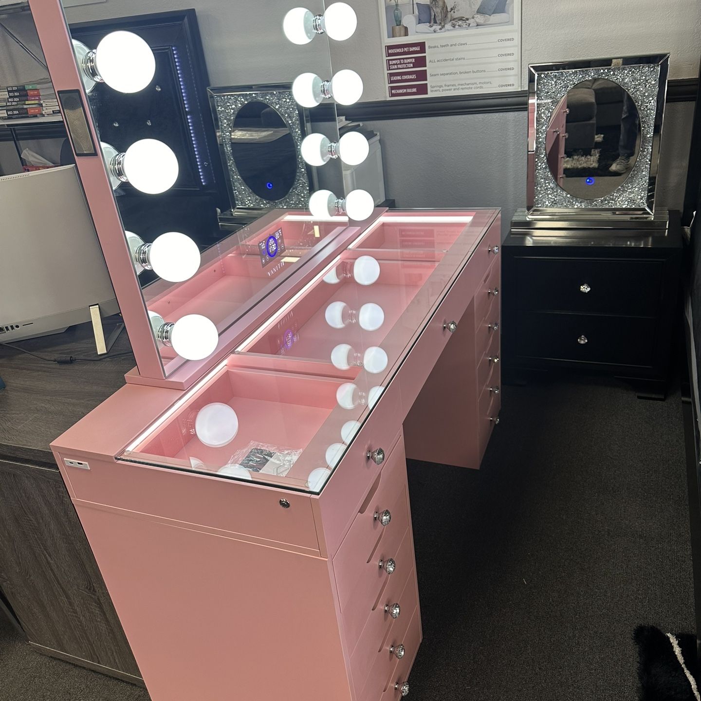 Pink Vanity Set w/ LED Lights In Drawers & Bluetooth 