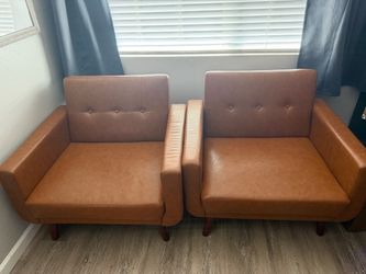 Pair of Mercury Row Teen Gaige 37" Tufted Armchairs – Camel Faux Leather