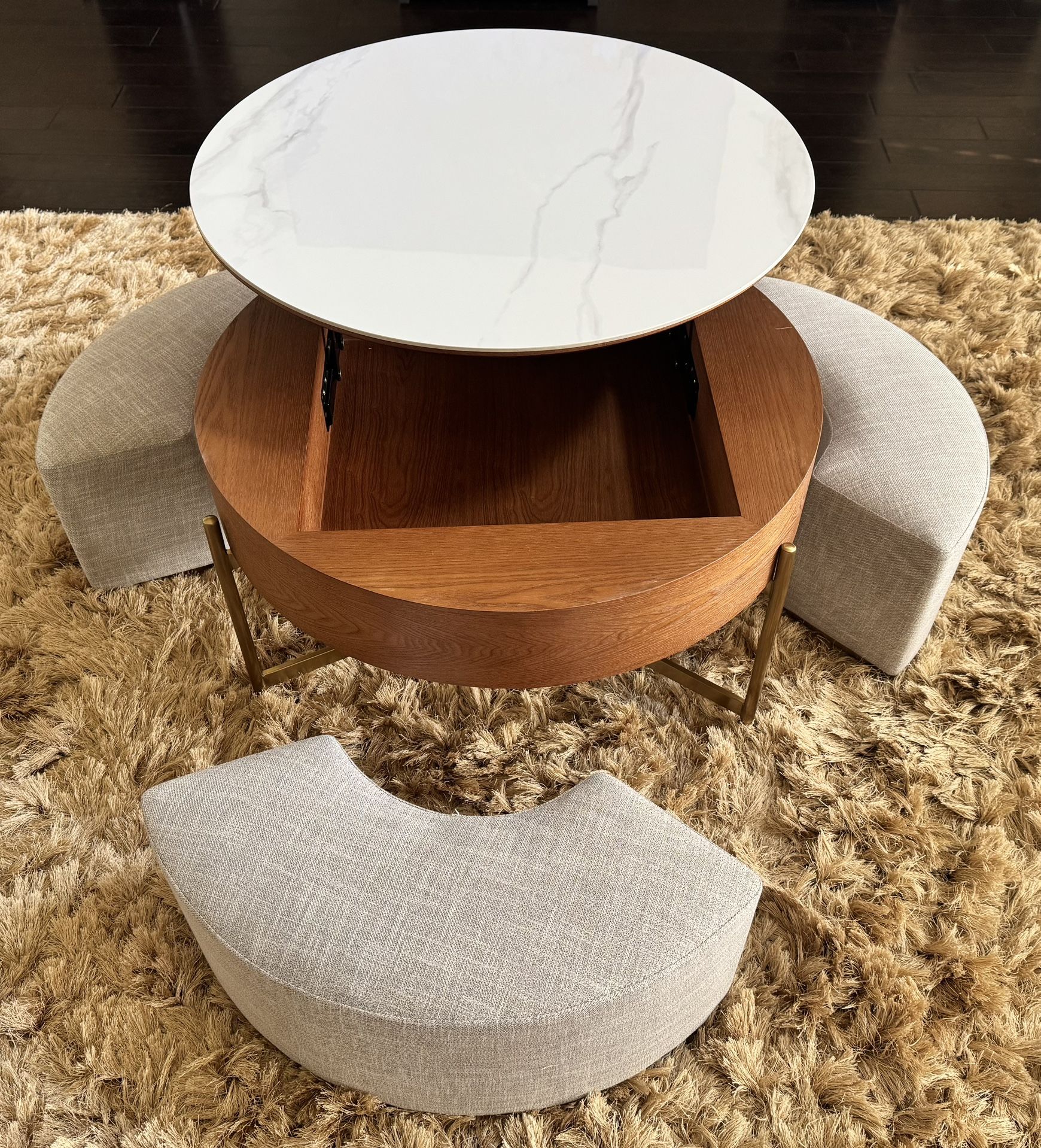 Round Lift-Top Coffee Table with Storage & 3 Stools, Faux Marble Center Table for Living Room