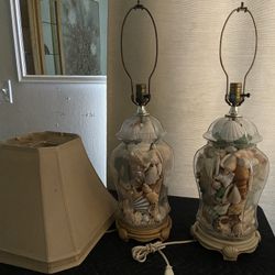 Vintage Seashell Filled Glass Table Lamps
