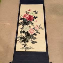 Chinese Original Watercolor Scroll Painting "Peony Flowers" 