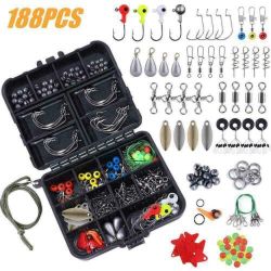188 pcs Fishing Kit Set with Tackle Box Pliers Hooks Sinker Weights Swivels Snap with clippers included