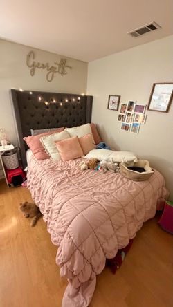 Dark Gray Upholstered Tufted Bed Frame – Queen – Excellent Condition
