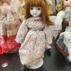 Porcelain Doll Red Hair In A Flower Dress & Hat