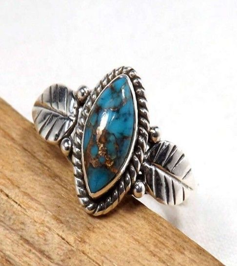 Unique Turquoise Leaf Silver Tone Ring