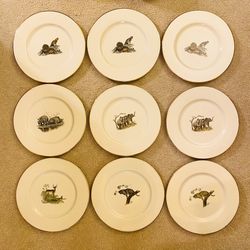Set of 9 Delano Studios Gold Rim Dinner Plates 10 3/4” Wild Animals Hand Colored