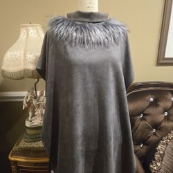 Faux Suede Fur Trim Poncho