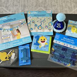NEW! Baby Shark🦈First Birthday Party Supplies - Banner, Spiral Decorations, Napkins, Candle, Hat