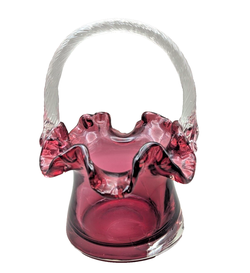 VTG Art Glass Cranberry Basket with Clear Handle Ruffled Edge Hand Blown 7"