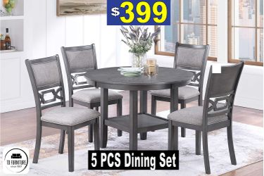 5 Pcs Round Table Gray Dining Set