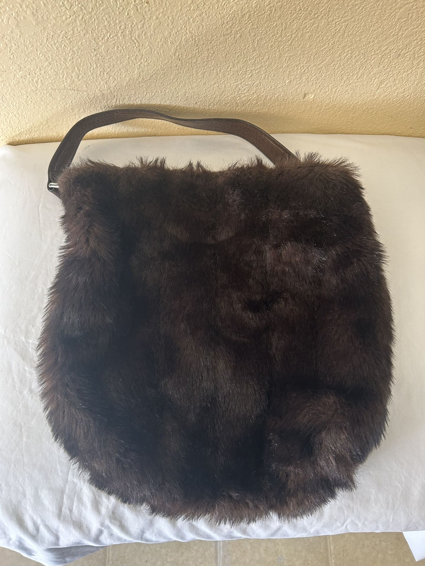 Bath & Body Works Purse Brown Soft Faux Fur Shoulder Hobo Bag Tote 16”x16”