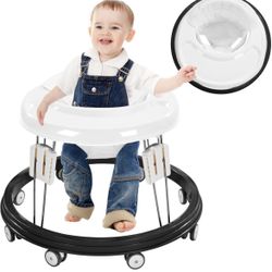 Adjustable Baby Walker with Easy Clean Tray, Universal Wheeled Walker, Anti-Rollover, Folding, for Girls Boys 6-18Months -White