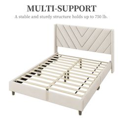Full Bed Frame Upholstered Platform Bed with Wing Side Tufted Headboard/Sturdy Wooden Slat Support/No Box Spring Needed/Mattress Foundation, Beige Ful