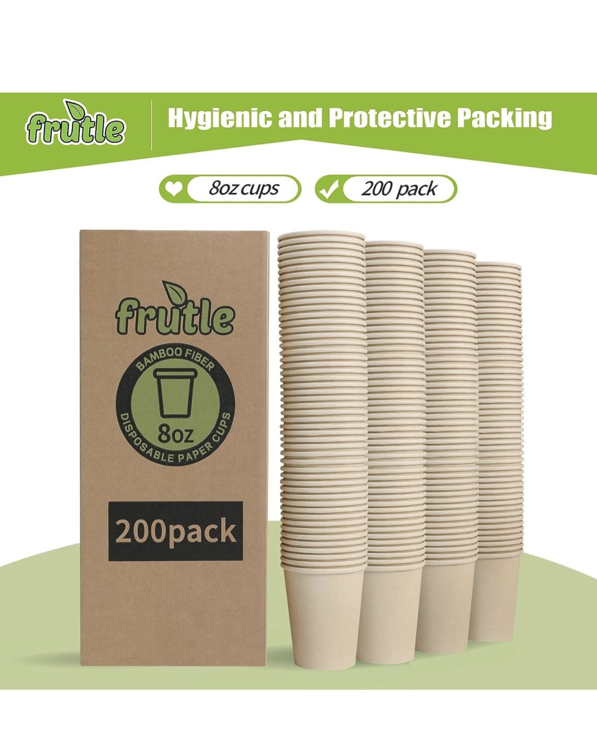 FRUTLE Paper Coffee Cups 8 OZ for Hot Beverages-Disposable-Unbleached 200 pack