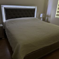 6 Pcs Bedroom Set, Champagne Color, King Size Frame With LED, Mattress, 2 Side Tables, 5 Drawer Dresser, And 7 Drawer Dresser With Mirror