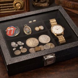 Vintage 1970s Black Faux Leather Glass Display Storage Box, 9x7.5x2”