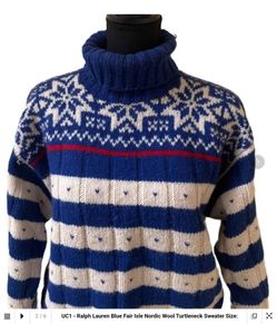 Vintage 80s Ralph Lauren Hand Knit Wool Sweater Snowflake Fair Isle Heart Turtleneck M