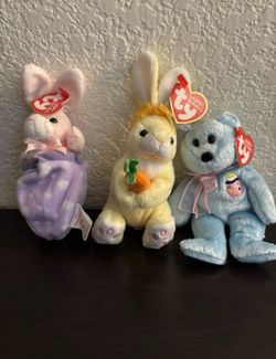 Ty Basket Beanies Lot of 3 Plush Beanbag Toys w/ Heart Tags Bunny & Bear