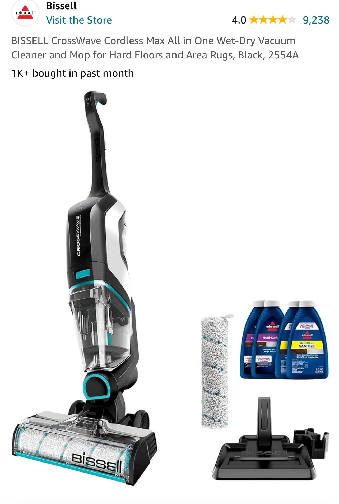 BISSELL CrossWave Cordless Max All in One Wet-Dry Vacuum Cleaner and Mop for Hard Floors and Area Rugs, Black, 2554A