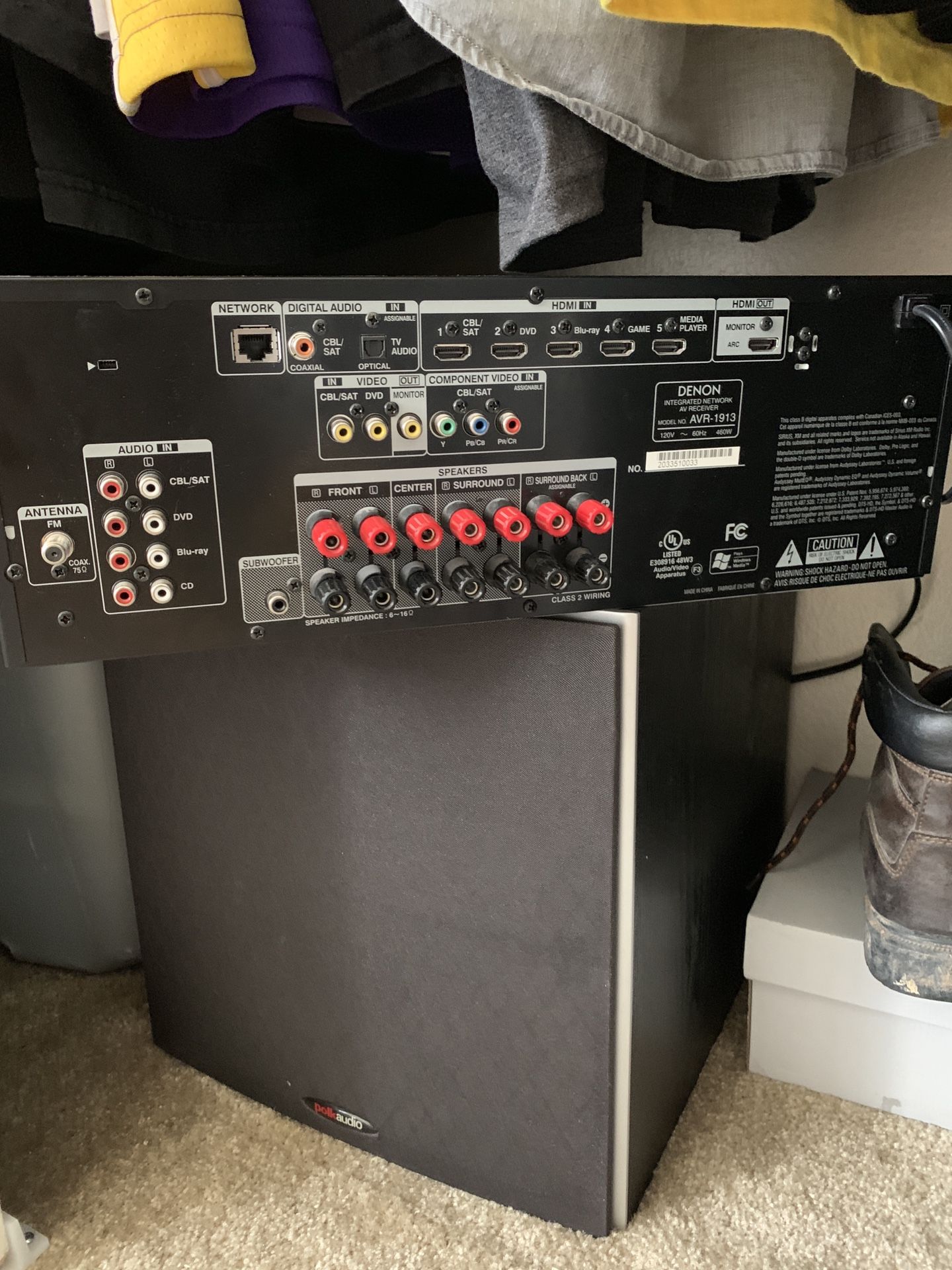 Denon receiver the condition is new, also selling a Polk audio bass speaker new condition as well