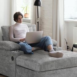 New Heavy Duty SUNWAVE Chaise Lounge Chair with Ottoman, Chenille Fabric Sofa Bed, Accent Chair with Cupholders & USB Charging Ports for Living Room, 