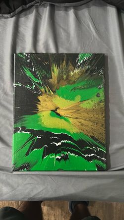 🎨 Original Handmade Spin Art Canvas – Green/Gold/Black – 11x14