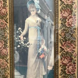 BEAUTIFUL VINTAGE CROSS STITCHED FLORAL PATTERNED FRAME WITH WOMAN VICTORIAN PRINT