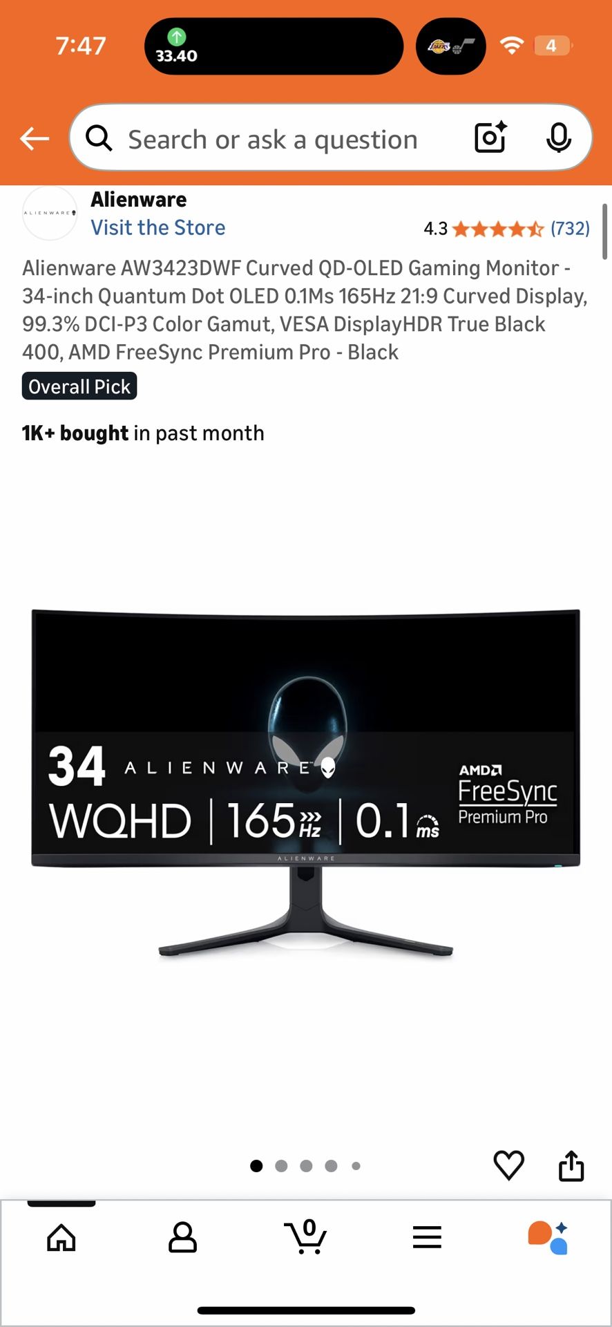 Alienware Oled 165hz 1440p Ultrawide 34inch Monitor
