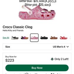 🚨 🚨 Crocs for sale 🚨 🚨 Hello kitty colab -  $200 size 4 men, 6 woman Glitter blue - $20, sizes j4, j2(2), j1 Glitter pink - $20, size j1