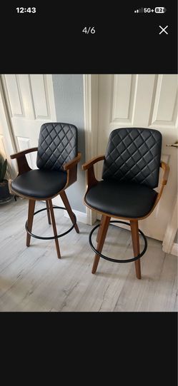 Counter Stools Set of 2, Upholstered Faux Leather Counter Height Bar Stools, Swivel Counter Chairs with Wooden Arms and Legs (Black, 26" Seat Height)