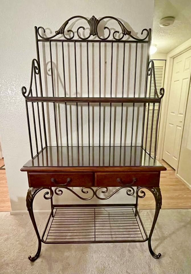 Elegant Wood & Metal Baker’s Rack with Glass Shelves