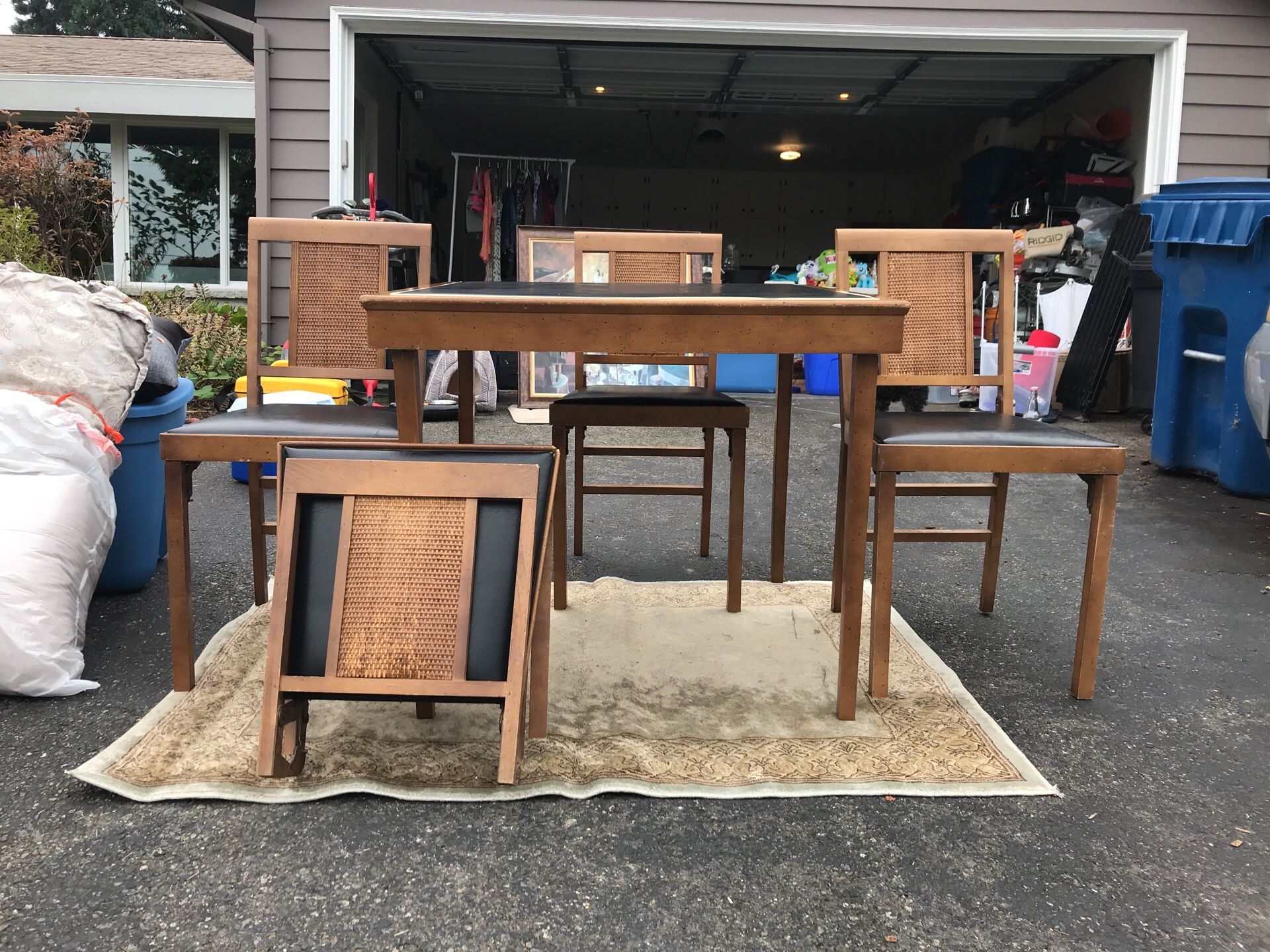Mid Century Modern Vintage Leg-O-Matic Lorraine Wicker Cane Back Set Mid-Century Folding Chair RARE and matching folding table.