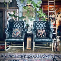 Restoration Hardware Black Leather Chesterfield Wingback chairs set!👀😍