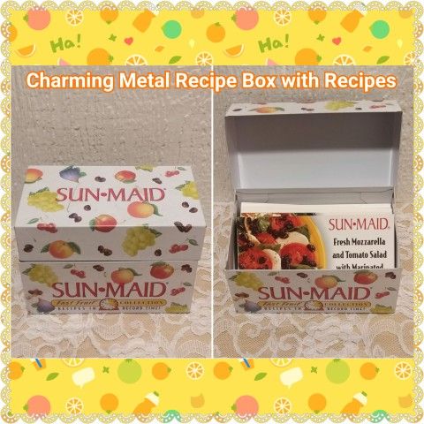 VINTAGE METAL SUNMAID RECIPE BOX WITH RECIPES

