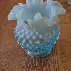 Vintage fentonglass, light blue opalescent, hobnail vase