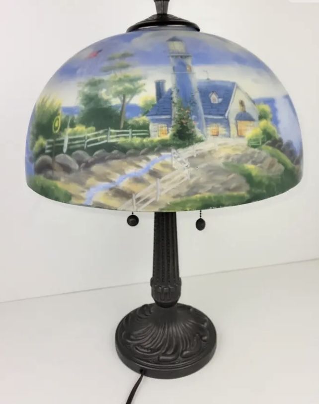 Rare: Thomas Kinkade “A light In The Storm” Reverse Painted Table Lamp