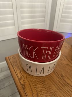 $10 each-New Rae Dunn large sz 8” diameter & and 3.5” deep DECK THE PAWS (red inside and out) or FA LA LA! ( white and red inside pet bowl-Please pick