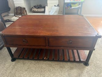 Industrial Wood and Metal Coffee Table with 2 Drawers and Storage Underneath