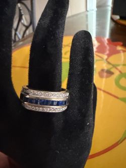 Men’s 10k white gold Blue Sapphire and Diamond Band Ring by Helzberg Diamonds