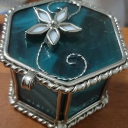 Turquoise Stained Glass Trinket Jewelry Box w/ Flower * 3.5"x2.5"