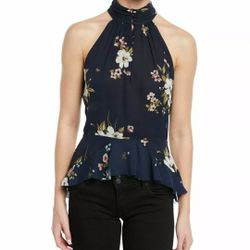 JOIE Abbigayl Women's Blouse Sz 8 Navy Floral Print Silk Halter Sleeveless Top. NWT - $228