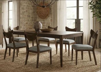 Brand New Walnut & Grey Mid-Century Modern Style 7pc Dining Table Set