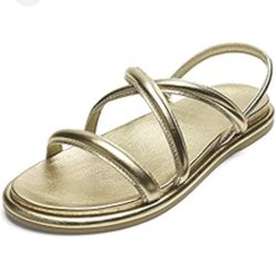 NEW Olukai Tiare Women’s Sz 8 Strappy Gold Sandal  Flat Leather Slip On NWT